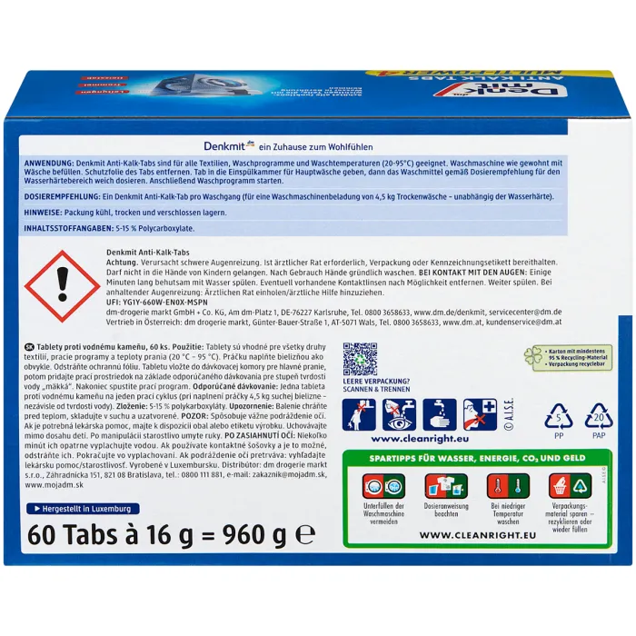 Таблетки від накипу для пральної машини Denkmit Anti-Kalk Tabs Multi-Power 4, 60 шт.
