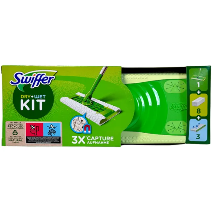 Набір Swiffer 2 в 1 для сухого та вологого прибирання: швабра + 8 сухих та 3 вологі серветки