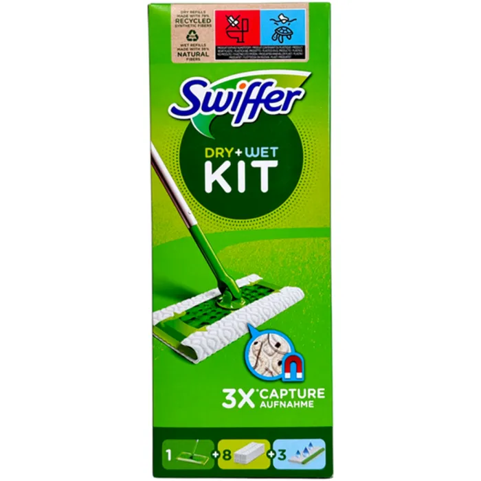 Набір Swiffer 2 в 1 для сухого та вологого прибирання: швабра + 8 сухих та 3 вологі серветки
