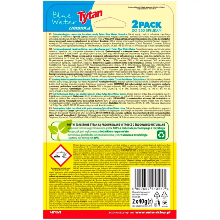 Підвісний блок для унітазу Tytan Blue Water Limonka, 2 шт х 40 г