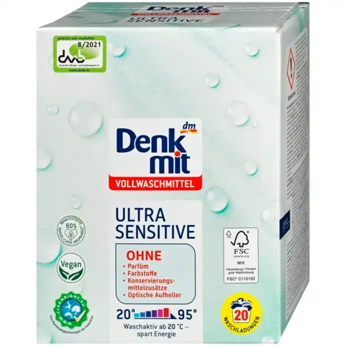 Гіпоалергенний пральний порошок для білого Denkmit Ultra Sensitive, 1.35 кг (20 прань)