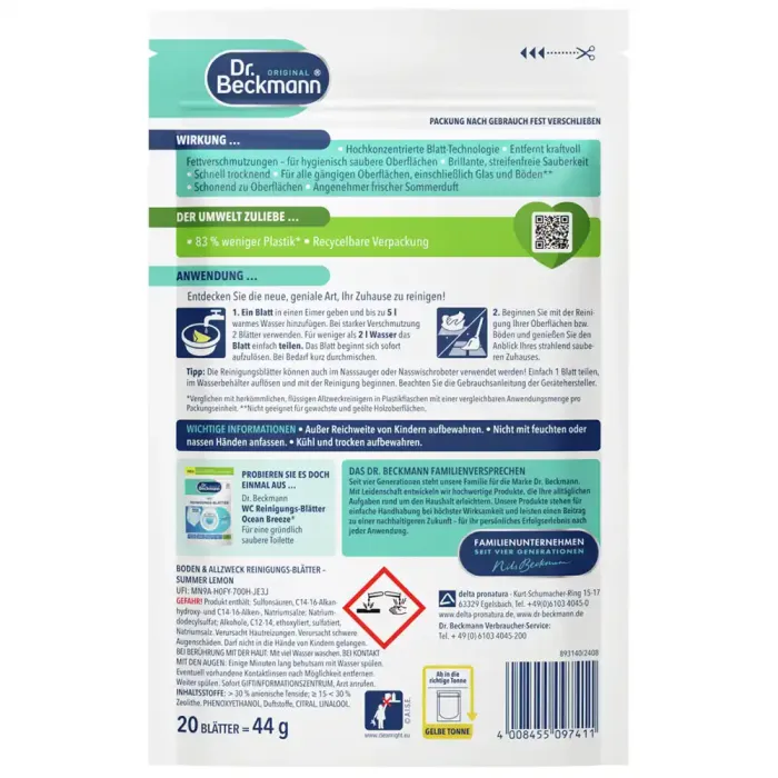 Розчинні серветки для миття підлоги Dr.Beckmann Summer Lemon (20 шт)