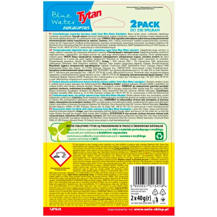 Підвісний блок для унітазу Tytan Blue Water Eukaliptus, 2 шт х 40 г