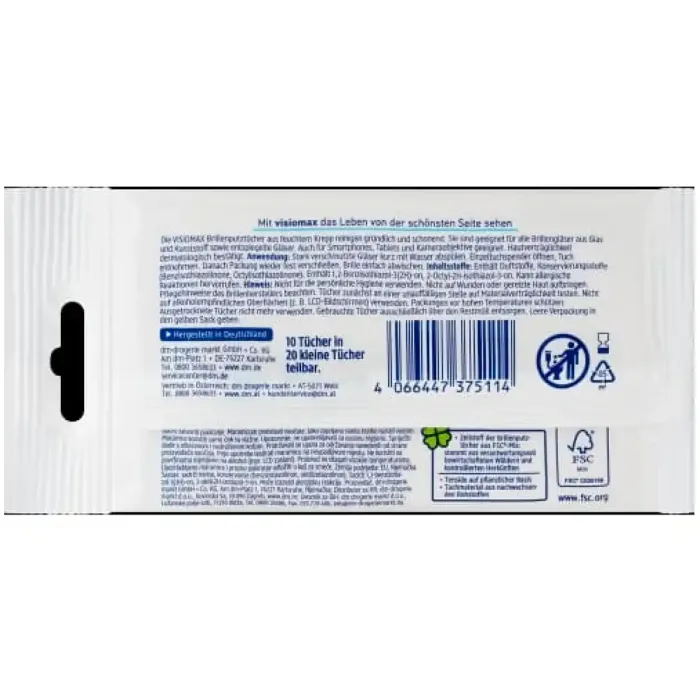 Вологі серветки для чищення окулярів Visiomax, 10 шт